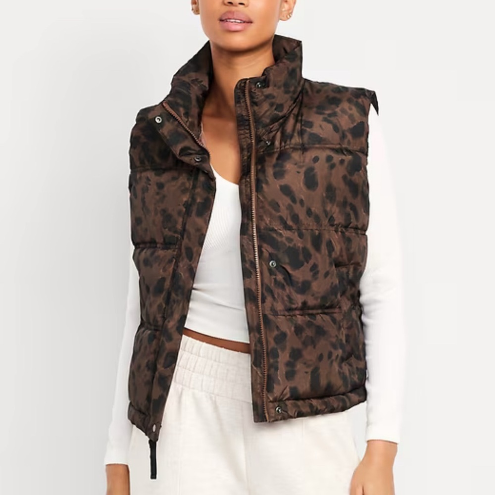 Old Navy Brown Leopard Print Puffer Vest
